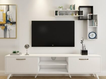 Ensemble Meuble TV blanc 160 cm avec Etageres