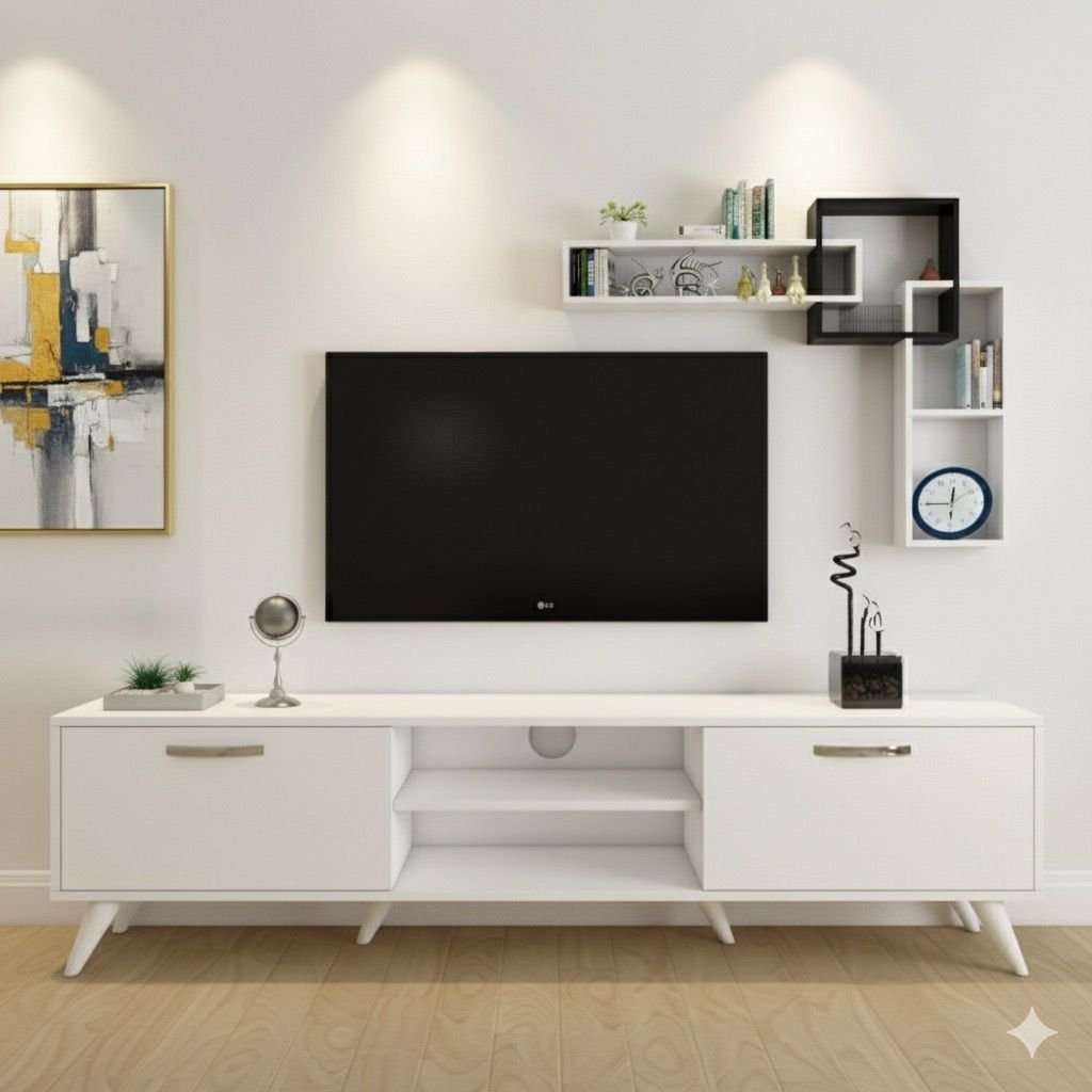WhatsApp Image 2025-09-18 at 13.33.00 Ensemble Meuble TV blanc 160 cm avec Etageres – Image 1