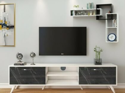 Ensemble Meuble TV noir/blanc 160 cm avec Etagères